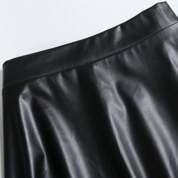 Black Preppy Womens Plus Solid PU Leather Flare Skirt - Picture 5 of 5